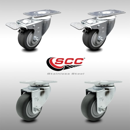 Service Caster 3.5 Inch SS Thermoplastic Rubber Wheel Top Plate Caster Total Lock Brakes, 2PK SCC-SSTTL20S3514-TPRB-2-S-2